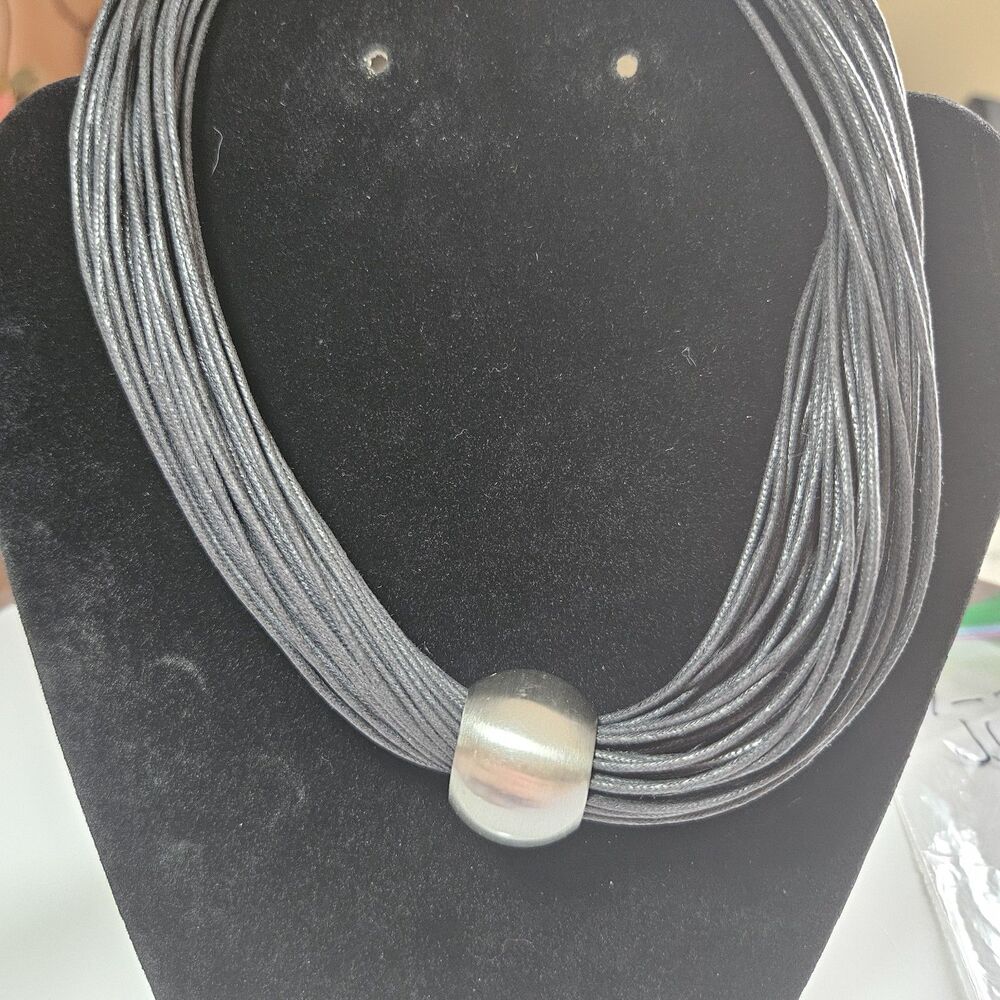 JJ Black Multi Corded Large Silver Tone Bead Necklace 17-20"